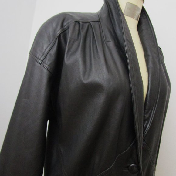 Fierce Black Leather 80s Duster Coat Oversized Wedge Korea Outerwear - Picture 5 of 12